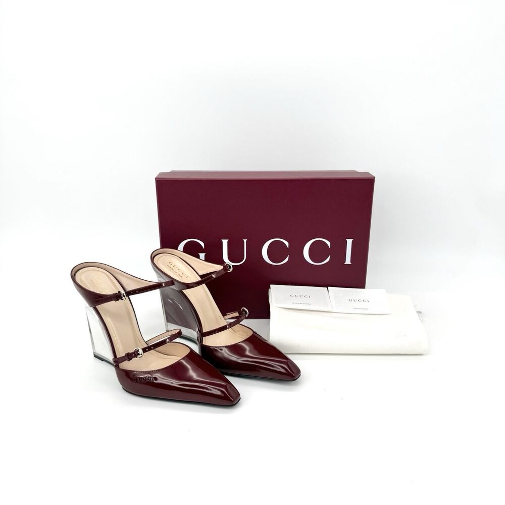NIB Gucci Rosso Ancora Red 40 US 10 Buckle Strap Transparent Wedge Mule Sandals - Picture 2 of 15